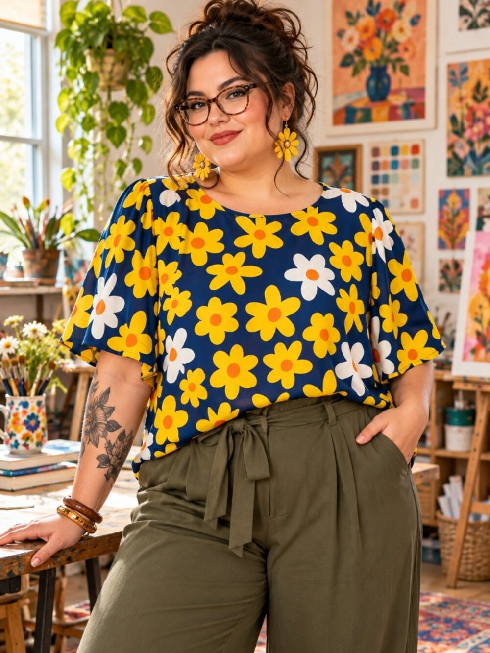 ModCloth 1X Retro Daisy Floral Blouse Navy Yellow White Mod Print Plus Size